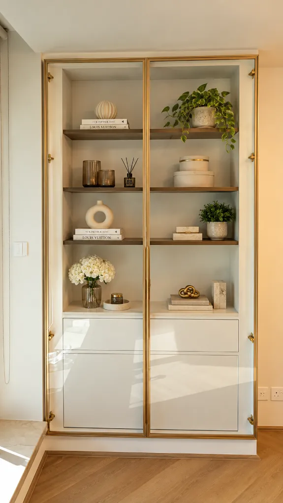 Warm Minimalist Brass-Frame Display Cabinet.webp